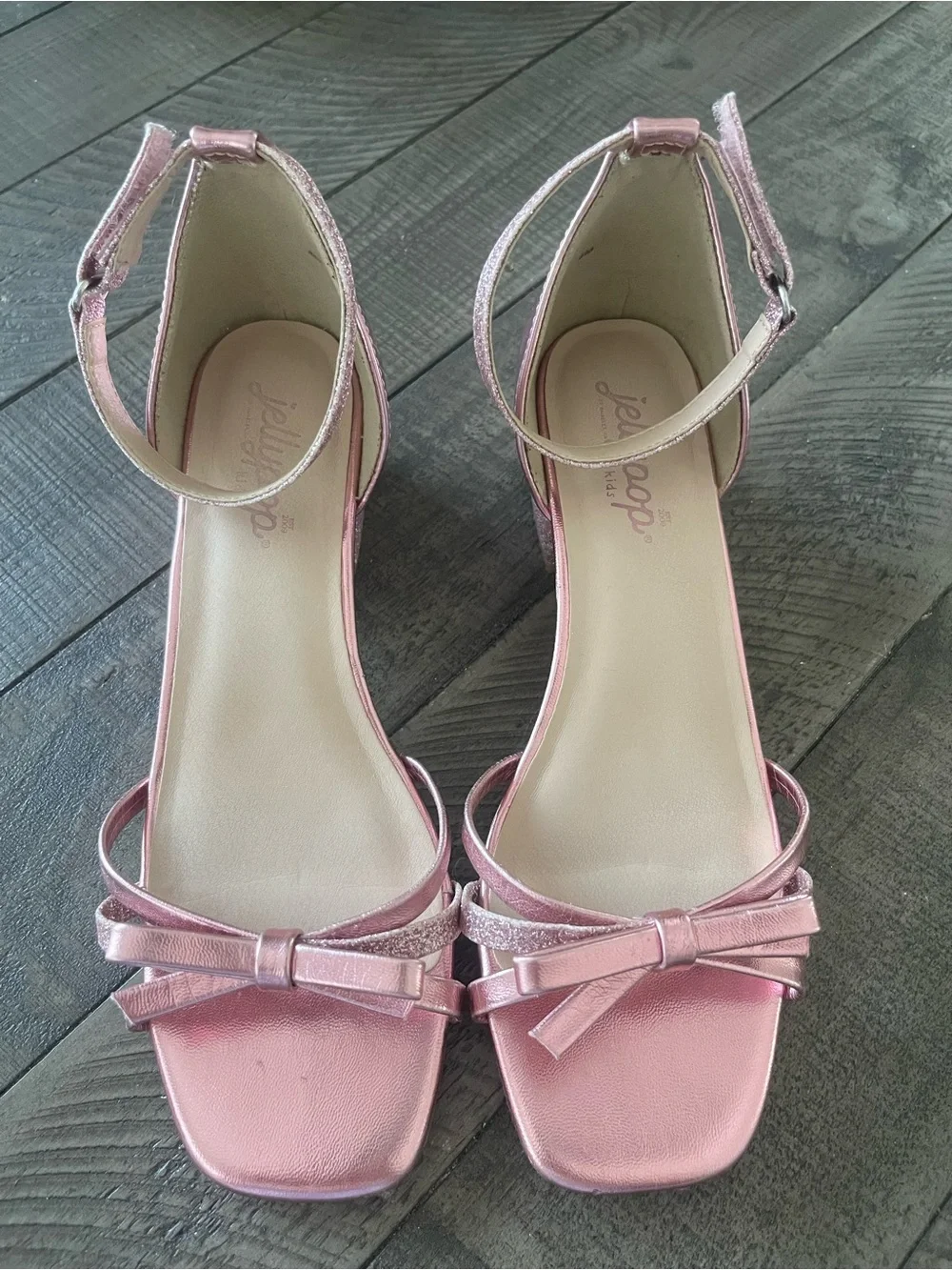 Jellypop Girls Metallic Glitter Pink Bow Ankle-Strap Sandals